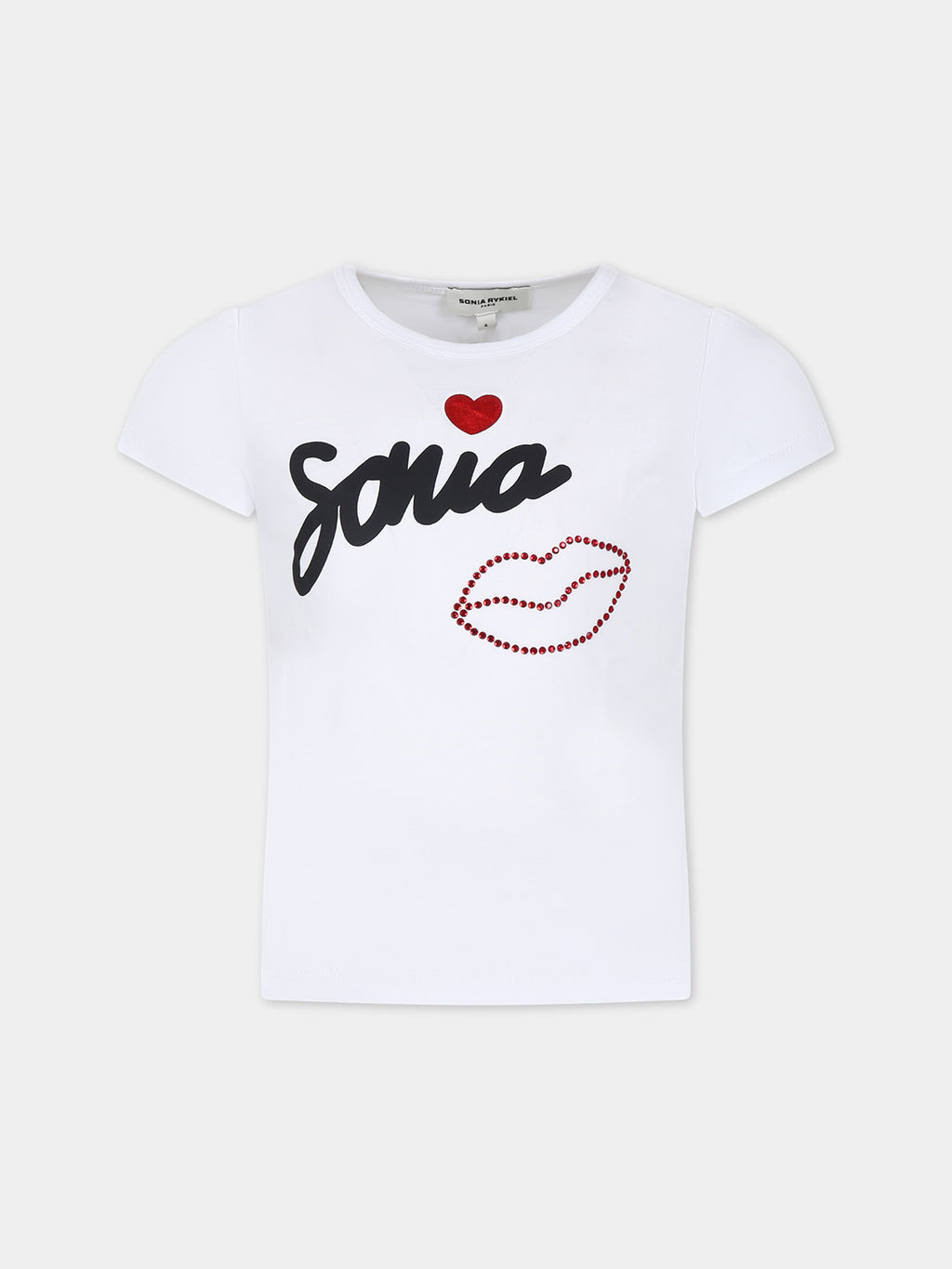 White t-shirt for girl with logo and rhinestones